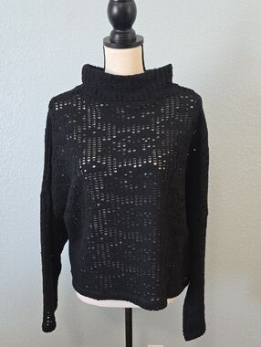 XD XENIA DESIGN Black Open-Knit Turtleneck Sweater Dropped Sleeve L / XL